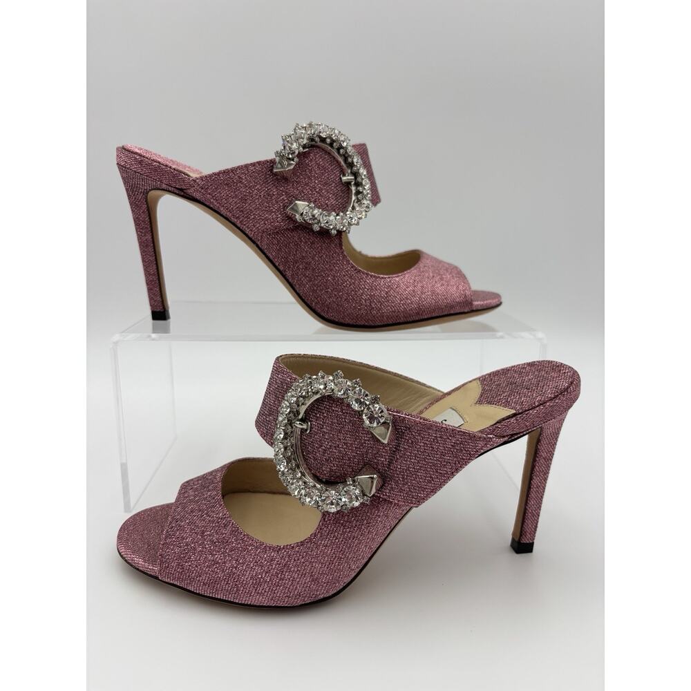 Jimmy Choo Saf 85 Crystal Buckle Sparkle Slides Pink Glitter Size 37 / 7 Heel